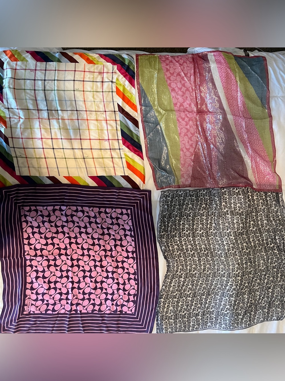 Coach silk scarves, lot of 4, Y2K , 20 by 20 inches. Tattersall & signature C.